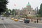 Morning traffic on Government street and British Columbia Legislature in