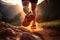 Morning Trail Run: Close-up of male Runner\\\'s Legs and Shoes with Abstract Bokeh Lightcreated. Generative AI