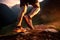 Morning Trail Run: Close-up of male Runner\\\'s Legs and Shoes with Abstract Bokeh Lightcreated. Generative AI