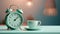 Morning tranquility alarm clock and coffee on table, blurred background for text placement