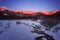 Morning view of Hakuba Miyama river and red mountain. Snow around three mountains of Hakuba Nagano prefecture, Japan. Ushiro-