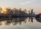 Morning view of historic twin mills in fishermens village Greetsiel, Germany