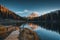 Morning view of Lago Antorno, Dolomites, Lake mountain landscape