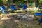 Morning view of the litter left after a campfire burning at night in a campsite