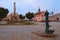 Morning view of main square in Telc with Plague Column, ancient water pump and colorful buildings. A UNESCO World Heritage Site