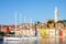 Morning view on sailboat harbor in Rovinj with many moored sail boats and yachts, Croatia