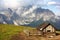 Morning view from Sexten Dolomites with chalet