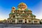 Morning view of sunlit Alexander Nevsky Cathedral, Sofia, Bulgaria