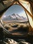 Morning view from tent, Camping with sleeping bags in the mountains. wild camping with stunning view. traveling concept