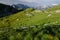 Morning view to Mangart pass with illuminated meadows, Julian Alps, Triglav national park, Slovenia, Europe