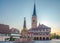 Morning view at the Town Hall with Church of St.John and St.Martin in Schwabach, Germany