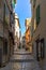 Morning walk in empty Croatian city of Rovinj.Picturesque narrow cobblestone streets,colorful facades,small shops,beautiful