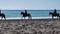 Morning walk of horses and riders on the beach in Calabria, Italy.