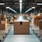 Morning warehouse workflow boxes move along conveyor belt during work