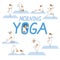 Morning yoga and cute jack russell terrier as character, flat or outline vector stock illustration with dog and asana