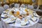 Moroccan Algerian breakfast table. Vintage background with different plates with delicious traditional middle eastern food