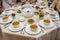 Moroccan Algerian breakfast table. Vintage background with different plates with delicious traditional middle eastern food.