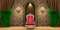 Moroccan arc door with green and golden curtains on the side and arabesque style and king armchair, islamic vip concept, ramadan,