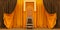 moroccan arc door with yellow and golden curtains on the side and arabesque style and king armchair, islamic vip concept, ramadan,