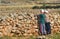 Moroccan children players at a stone protection in mountains of the atlas