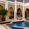 A Moroccan courtyard pool area with mosaic tiles, ornate arches, and a mosaic-tiled hot tub4