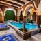 A Moroccan courtyard pool area with mosaic tiles, ornate arches, and a mosaic-tiled hot tub5