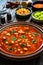 Moroccan cuisine - harira fresh vegetable soup with chickpeas and lentil on wooden table
