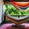 A Moroccan hammock corner with colorful hammocks, patterned pillows, and tasseled blankets2, Generative AI
