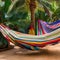 A Moroccan hammock corner with colorful hammocks, patterned pillows, and tasseled blankets3, Generative AI