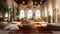 Moroccan Interior Design Living Room with Many Fur Rugs Pillows Plants Silk Hanging In Circle From Ceiling Background