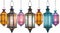 Moroccan lanterns hanging in a row a white background