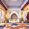 Moroccan riad decorated with an arabesque style geometric, generative ai
