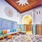 Moroccan riad decorated with an arabesque style geometric, generative ai