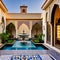 A Moroccan riad-inspired courtyard with mosaic tile flooring, a central fountain, and intricate archways1, Generative AI