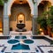 A Moroccan riad-inspired courtyard with mosaic tile flooring, a central fountain, and intricate archways2, Generative AI