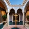 A Moroccan riad-inspired courtyard with mosaic tile flooring, a central fountain, and intricate archways5, Generative AI