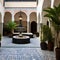 Moroccan Riad: A Moroccan-inspired courtyard with mosaic tiles, lanterns, and a central fountain1, Generative AI