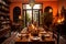 Moroccan Riad\\\'s dining area, with a beautifully set table adorned with Moroccan ceramics and traditional tableware