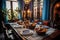 Moroccan Riad\\\'s dining area, with a beautifully set table adorned with Moroccan ceramics and traditional tableware,