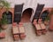 Moroccan riad with table and chairs. Exterior decoration. Marrakesh, Morocco