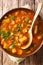 Moroccan Sweet Potato and Lentil Soup close-up on a plate. Vertical top view