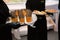 Moroccan tea. A girl holds a tray full of teacups