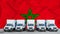 Morocco flag in the background. Five new white trucks are parked in the parking lot. Truck, transport, freight transport. Freight