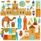 Morocco travel destination in Africa, national culture and traditions, isolated icons, vector illustration