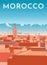 Morocco travel retro poster, vintage banner. Panorama of Marrakech city with houses, mosque, mountains. Flat vector illustration