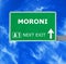 MORONI road sign against clear blue sky