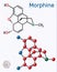 Morphine molecule. It is a pain medication of the opiate. Structural chemical formula and molecule model. Sheet of paper in a cage