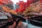 Morricana Waterfalls in Monti della Laga, Abruzzo, Italy, in the full autumn season with red and orange leaves