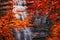 Morricana Waterfalls in Monti della Laga, Abruzzo, Italy, in the full autumn season with red and orange leaves