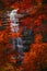 Morricana Waterfalls in Monti della Laga, Abruzzo, Italy, in the full autumn season with red and orange leaves